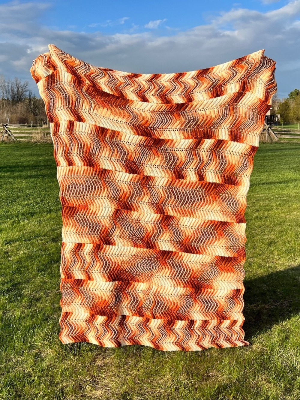 Vintage 70’s Knit Orange & Brown Chevron Throw Blanket 64”x 52”